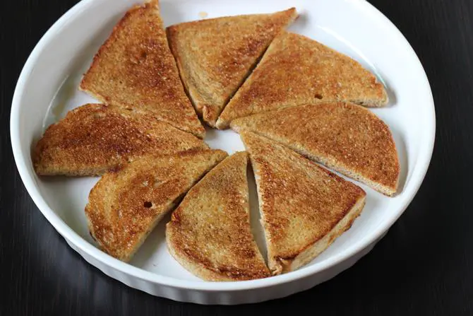 arranging sugared fried bread for double ka meetha recipe