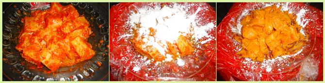 sprinkling flour to coat apollo fish fry