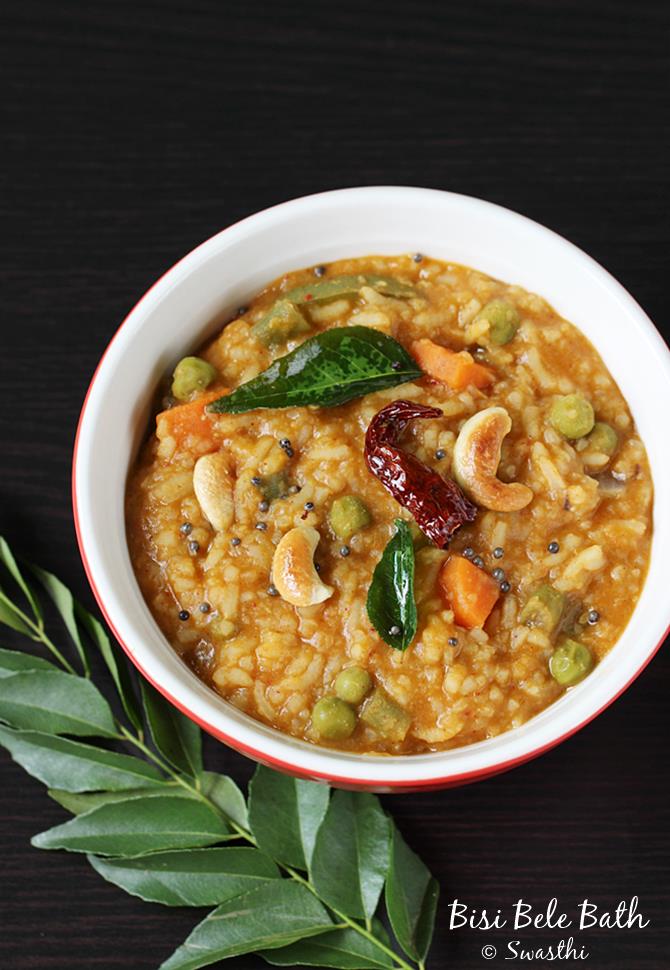 seasoned with ghee mustard curry leaves to make bisibelebath recipe