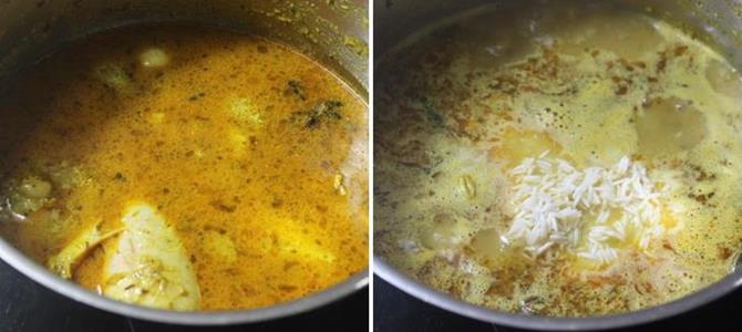 addition of rice in boiling water for muslim chicken biryani recipe