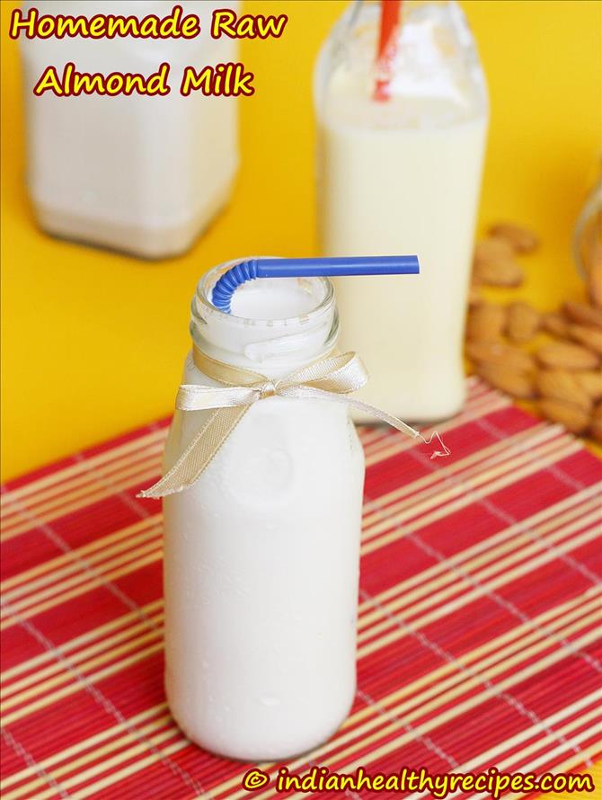 Homemade Raw Almond milk recipe from swasthi