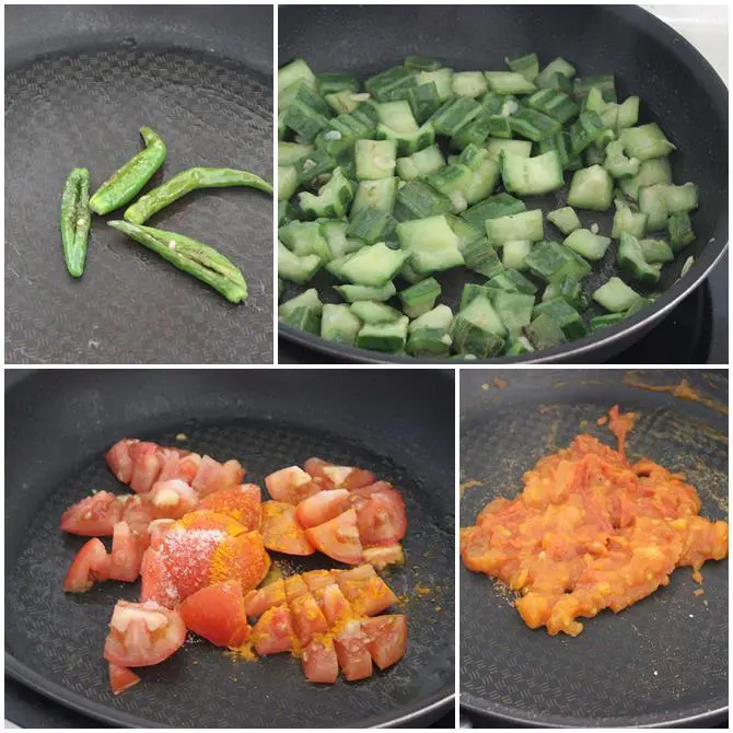 sauteing gourd in oil for beerakaya tomato pachadi recipe