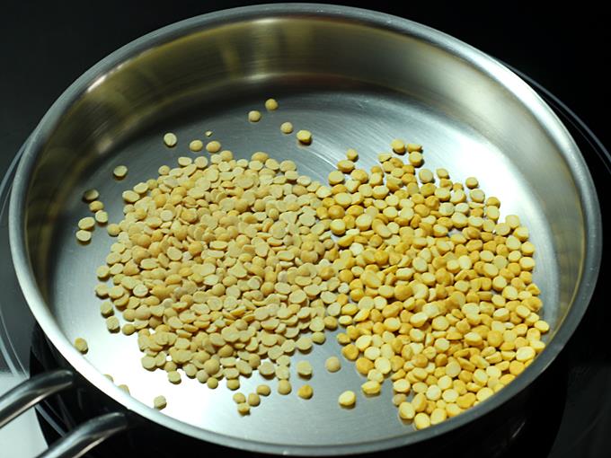 frying chana dal urad dal for rasam powder