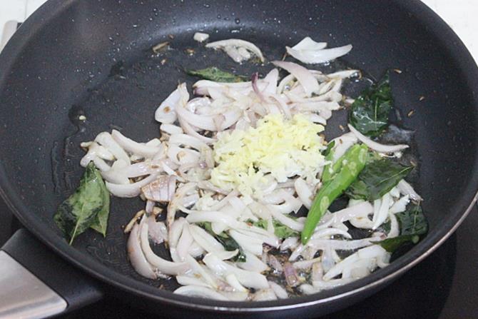 frying onions ginger garlic for soya chunks fry recipe