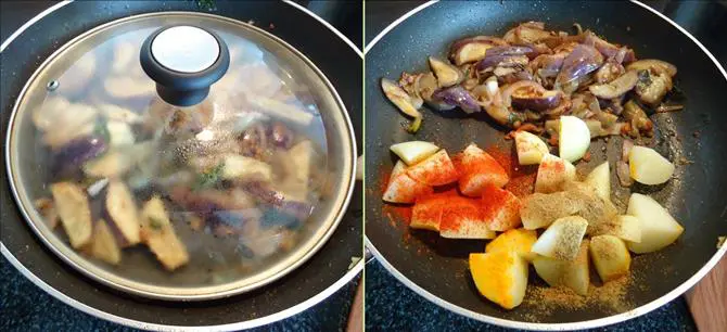 addition of potatoes in brinjal fry recipe