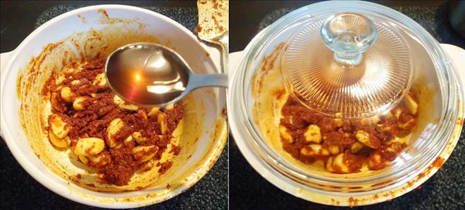adding jaggery, oil for garlic pickle recipe