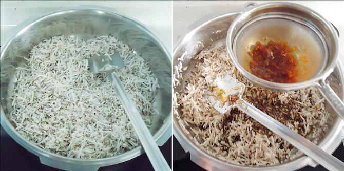 frying kobbari in pan for making coconut laddu recipe