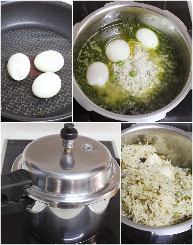 addition of rice eggs peas to make egg pulao