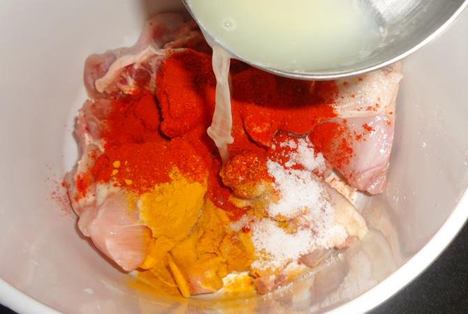 marination with chili, lemon juice ginger garlic for making andhra chicken curry recipe