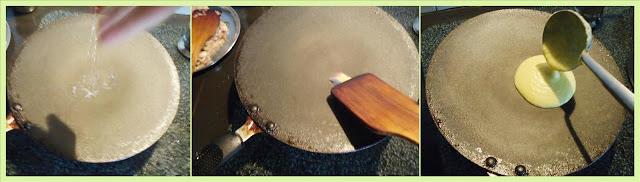 spreading batter on hot tawa for moong dal dosa recipe