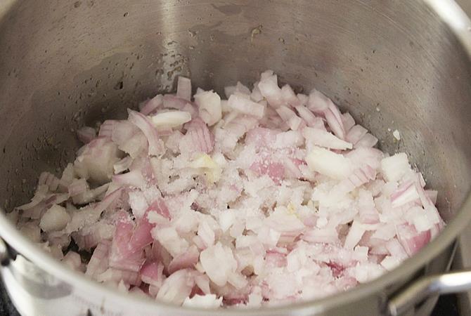 fry onions till golden for paneer korma