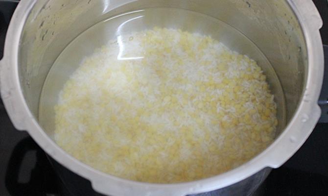wash dal rice in pressure cooker to make sweet pongal recipe