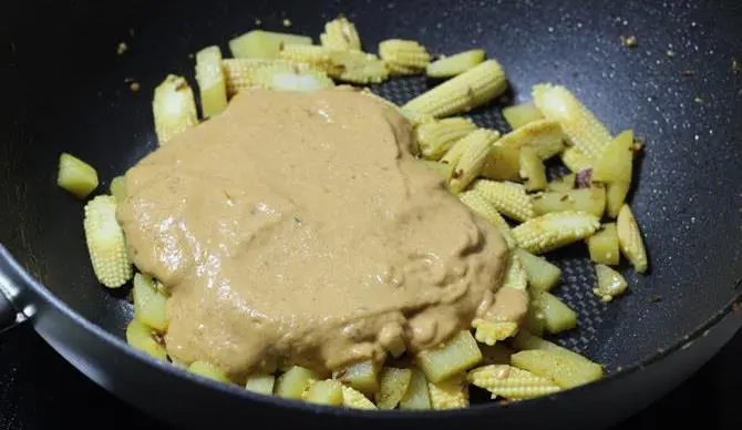 addition of aloo for baby corn gravy recipe