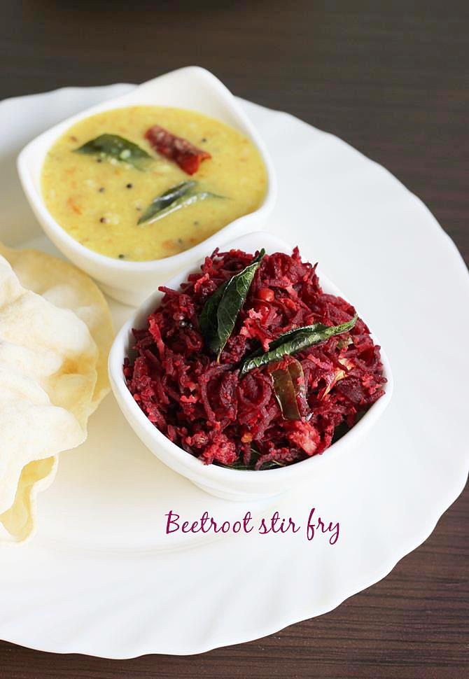 serving beetroot curry or stir fry with rice or roti