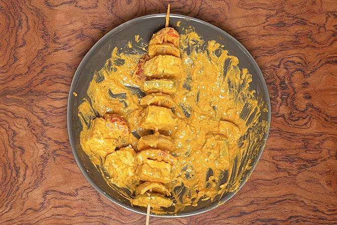 thread paneer on skewers