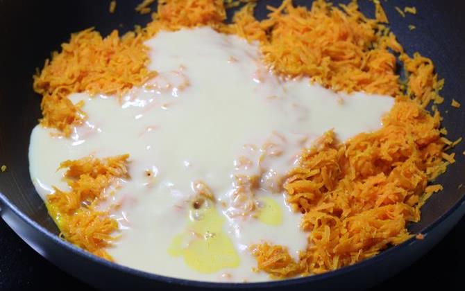 addition of condensed milk for gajar kalakand recipe