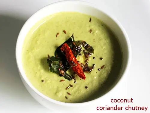 coriander chutney in a white bowl