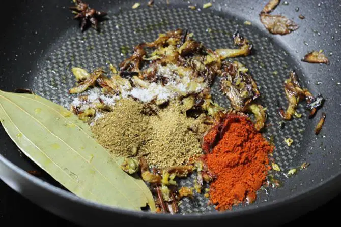 addition of spice powders for fish biryani recipe