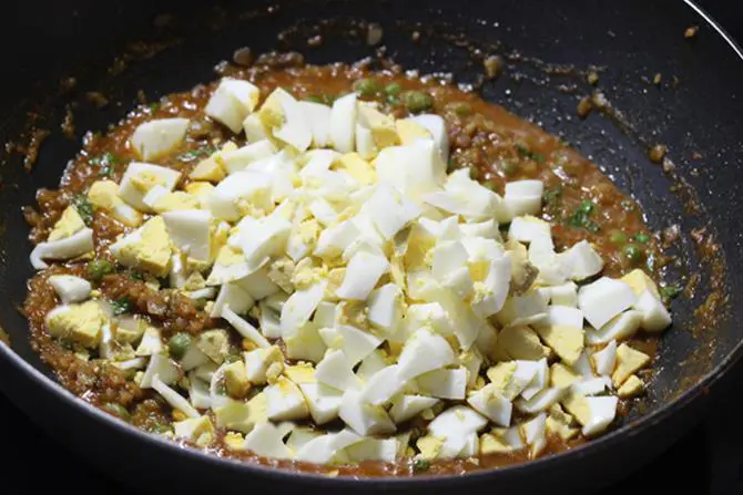 chopped eggs to the onion tomato gravy for egg keema