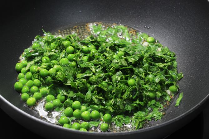 addition of leaves peas to make methi rice