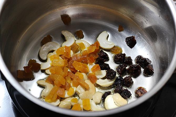 frying nuts for making fruit kesari recipe