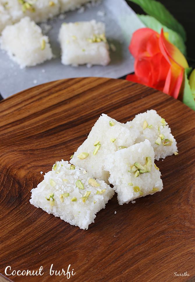 Coconut burfi recipe How to make coconut barfi recipe Nariyal barfi