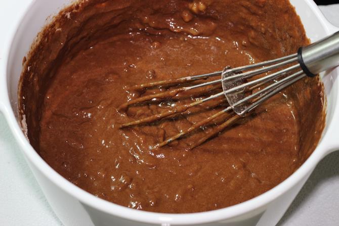 mixing dry & wet for chocolate banana cake recipe