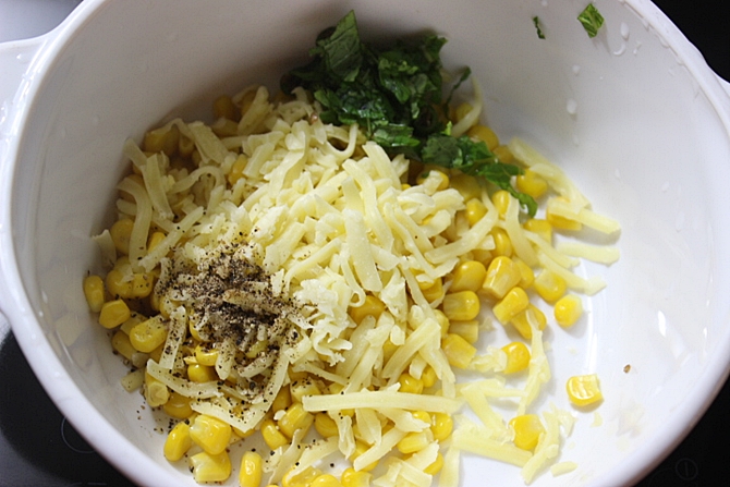 preparing corn and cheese for sandwich