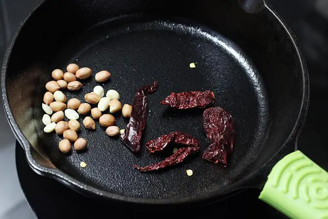 roasting chilies peanuts for podi idli