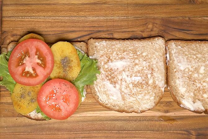 place lettuce, potatoes for club sandwich