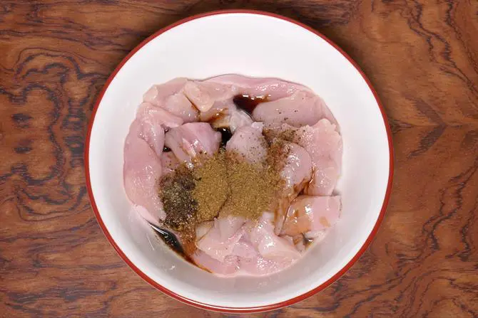 Cut chicken to thin strips or bite sized pieces