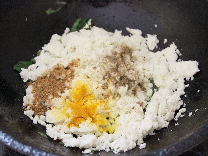 add paneer, sprinkle turmeric, garam masala