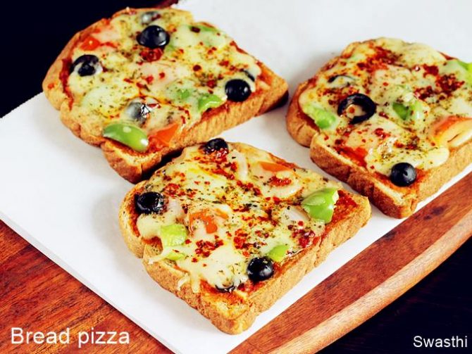 Bread Pizza Recipe in Oven, Tawa & Air Fryer - Swasthi's Recipes