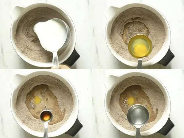 Pour milk, egg, oil and vanilla
