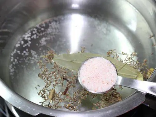 adding salt and spices to pot for rice