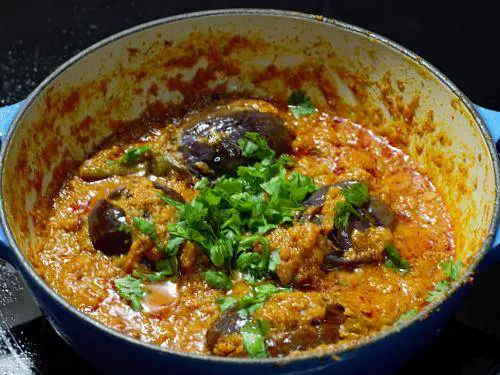 thick eggplant curry in a kadai