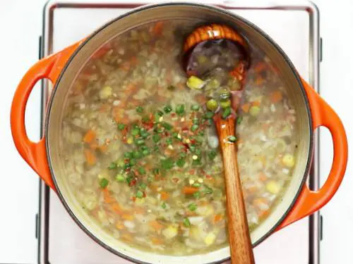 garnishing vegetable soup with chilli flakes and spring onions