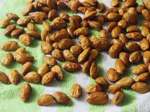 Blanched almonds on a cloth