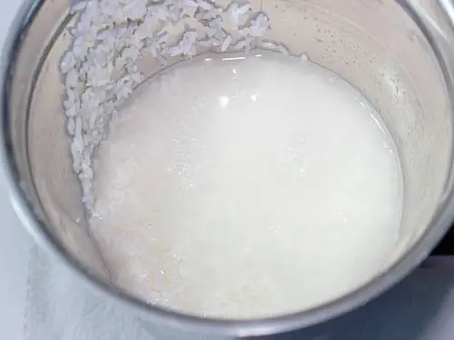 adding rice and water to a blender
