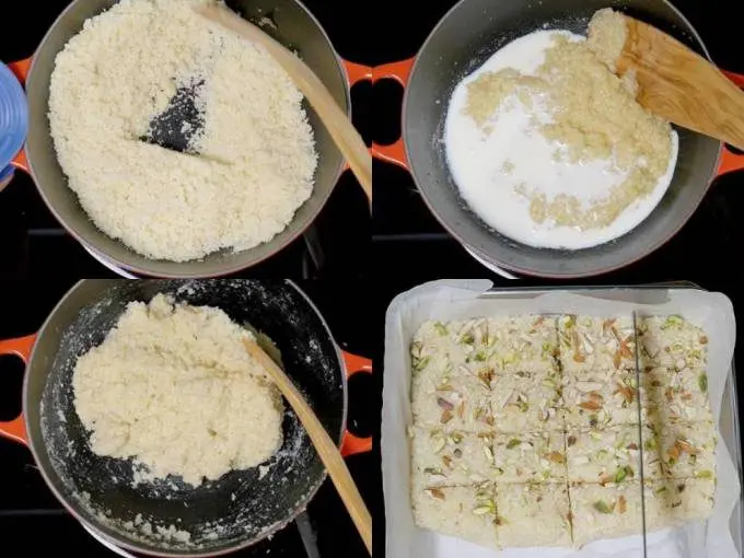 adding mawa milk and coconut to make mawa coconut burfi