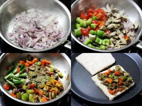 sauteing bell peppers and mushrooms for mushroom sandwich