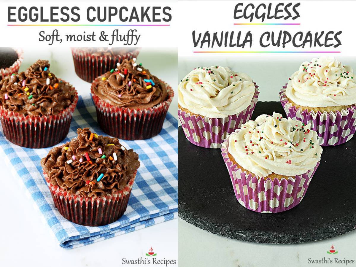 Eggless Cupcakes Recipe Vanilla Chocolate Swasthi S Recipes