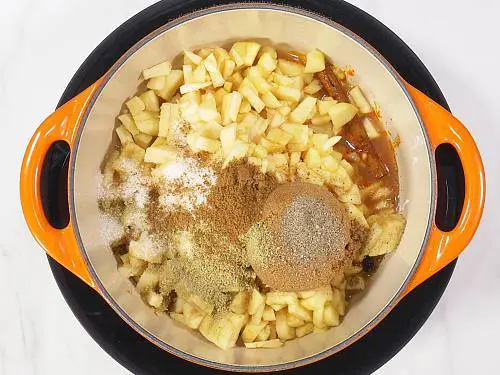 adding sugar cumin and fennel to make apple chutney