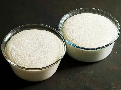 fermented idli batter in a glass bowl