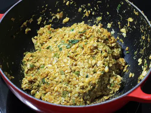 adding soya granules to pan