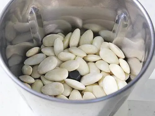 adding almonds to a grinder to make milk powder