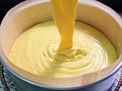 transferring batter to a pan