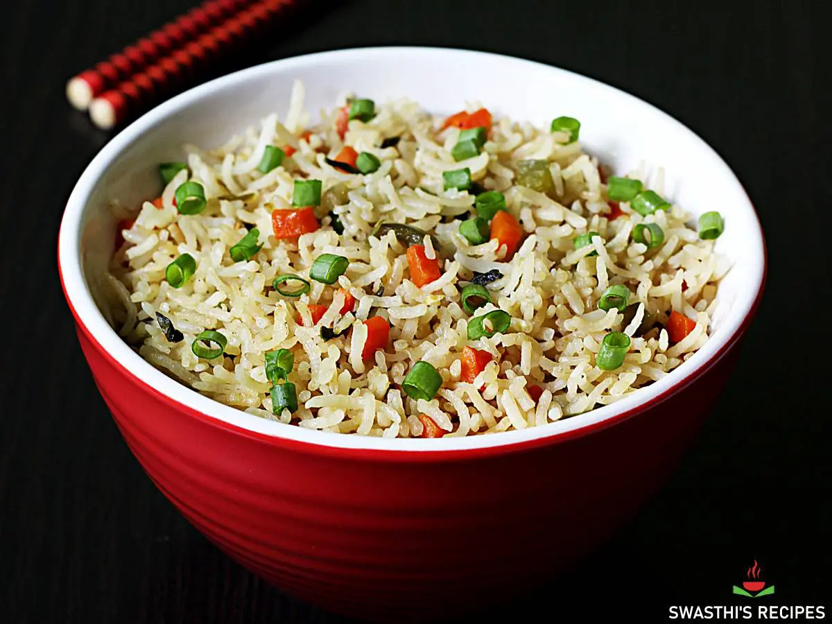 fried rice served in a red bowl