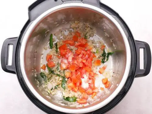 add tomatoes and salt to Instant pot to make aloo curry