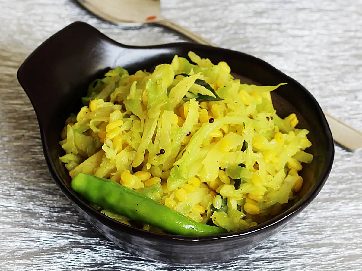 cabbage poriyal made with shredded cabbage and spices